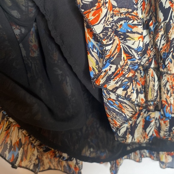 Scully Women's Multicolored Feather Print Sheer Mini Dress Ruffle Trim size XL - Picture 5 of 11